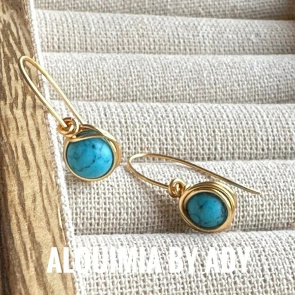 Turquoise drops gold hoops western style dangle long earrings - Picture 1 of 7